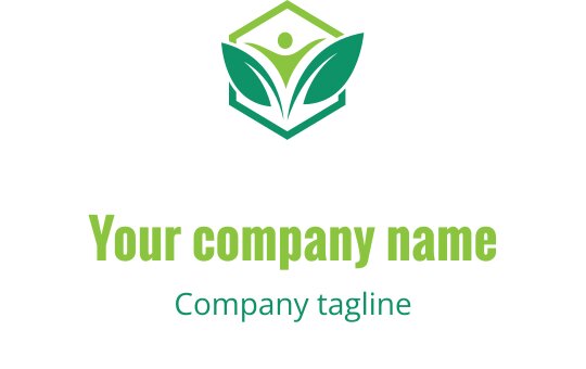 Modern logo ontwerp met een groene hexagon, bladeren en een menselijke figuur