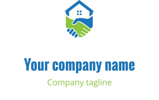 Modern logo ontwerp met een huis en handdruk in blauw en groen