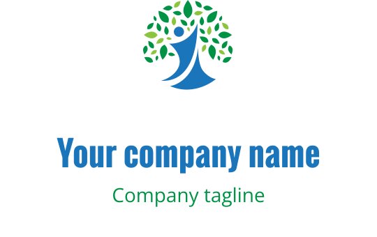 Modern logo ontwerp met een gestileerde boom, groene bladeren en een blauwe figuur