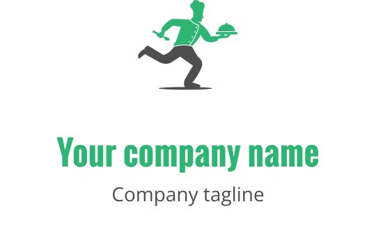Dynamisch logo ontwerp met een rennende figuur met een dienblad en hoed