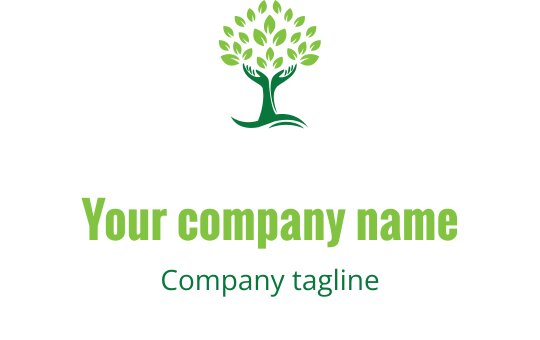Modern boom logo ontwerp met groene bladeren en een gebogen stam