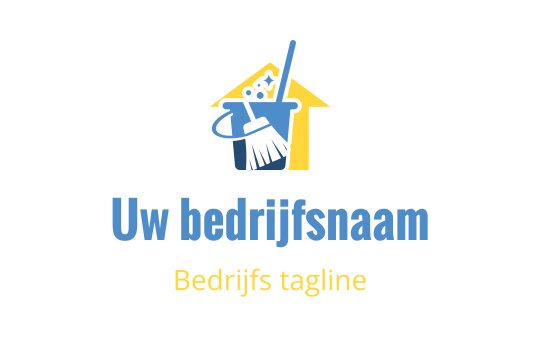 Schoon en modern logo ontwerp met een huis, bezem en emmer