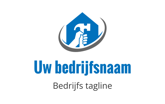Modern logo ontwerp met een hand die een hamer vasthoudt in een blauwe huisvorm