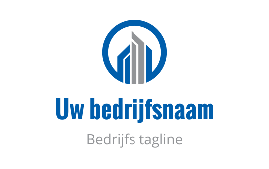 Modern logo ontwerp met gestileerde gebouwen binnen een cirkelvormige blauwe omtrek