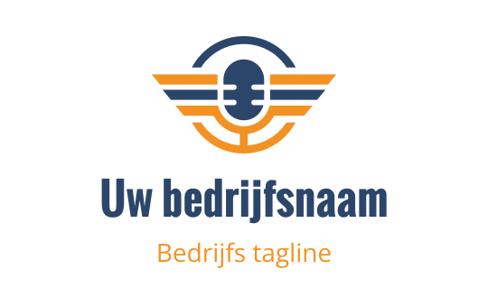 Modern logo ontwerp met een microfoon en vleugelelementen in blauw en oranje