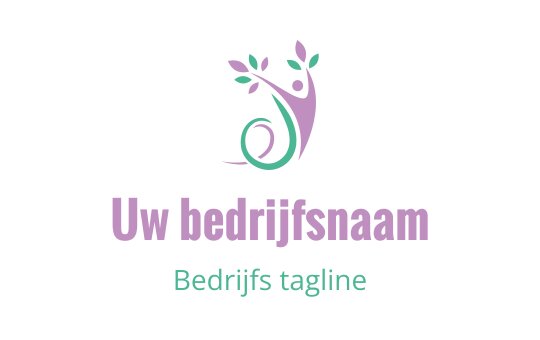 Modern logo ontwerp met een gestileerde figuur en bladeren in groen en paars