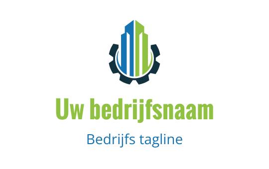 Modern logo ontwerp met een blauw en groen wolkenkrabber in een tandwielvorm