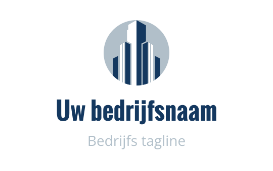 Modern cirkelvormig logo met blauwe wolkenkrabbers op een lichte achtergrond