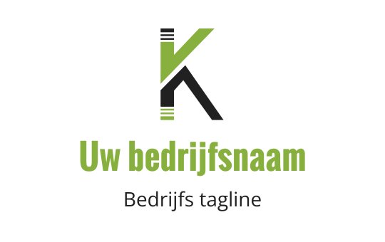 Modern logo ontwerp met een gestileerde groene letter K en zwarte accenten