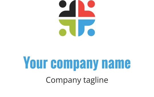 Kleurrijk logo ontwerp met onderling verbonden cirkels en een centrale kruisvorm