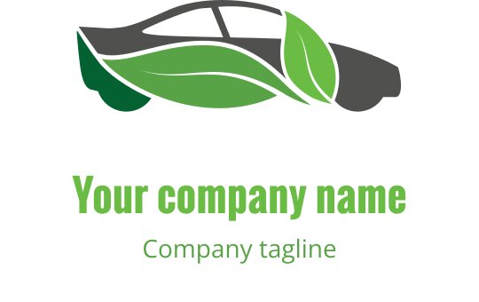Modern logo ontwerp van een auto met groene bladeren en een slanke silhouet