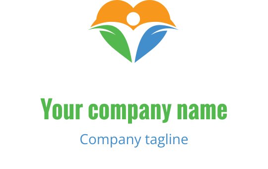 Kleurrijk hart logo ontwerp met groene en blauwe bladeren
