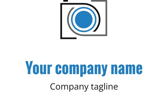 Modern logo ontwerp met een blauw en grijs cameraloog en een slanke zwarte omtrek