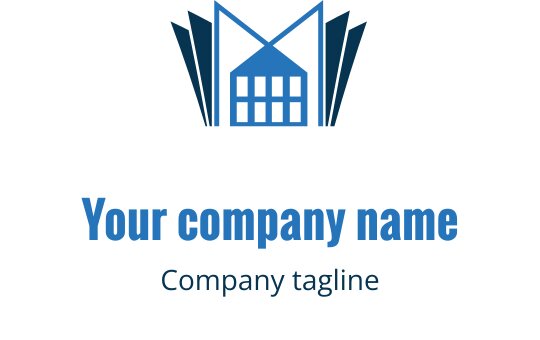Modern blauw logo ontwerp met een gestileerd gebouw en hoekige accenten