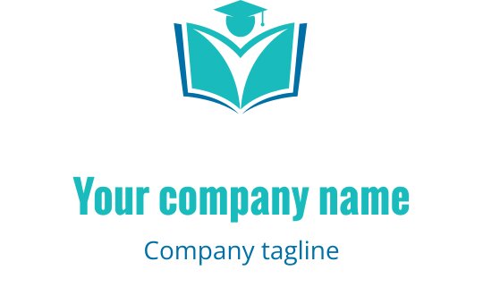 Modern logo ontwerp met een open boek en afstudeerhoed in teal