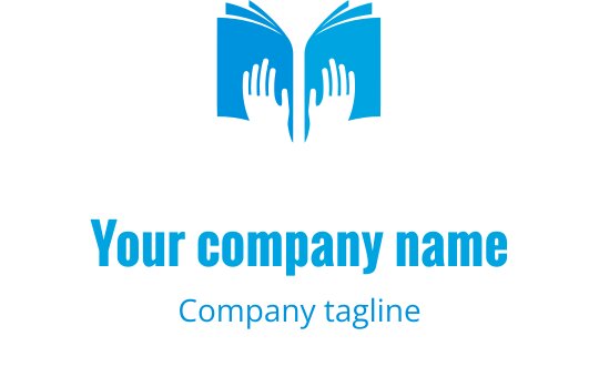 Open boek logo ontwerp met handen in een levendige blauwe kleur