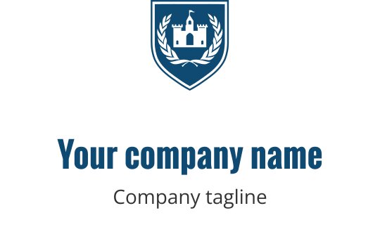 Logo ontwerp van een schild met een kasteel en laurierbladeren in blauw