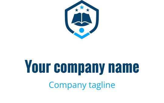 Logo ontwerp van een schild met een open boek en sterren in blauw