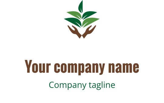 Modern logo ontwerp met handen die groene bladeren verzorgen