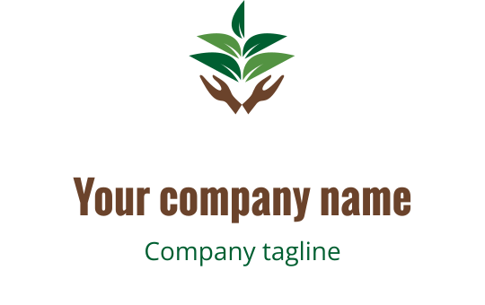 Modern logo ontwerp met handen die groene bladeren verzorgen