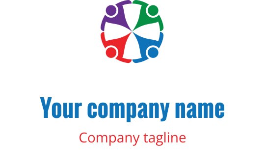 Kleurrijk logo ontwerp met onderling verbonden figuren in paars, groen, rood en teal