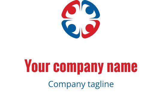 Kleurrijk logo ontwerp met in elkaar grijpende rode en blauwe handen