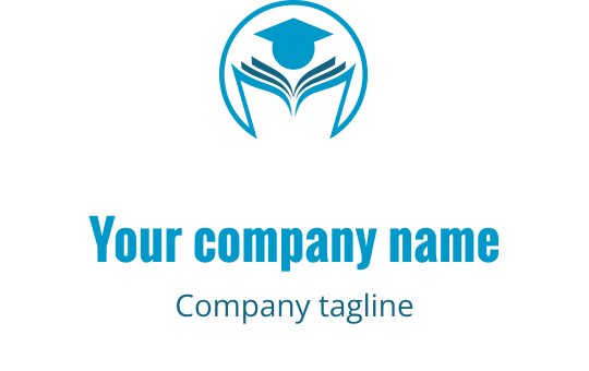 Modern logo ontwerp met een open boek en afstudeerhoed in het blauw