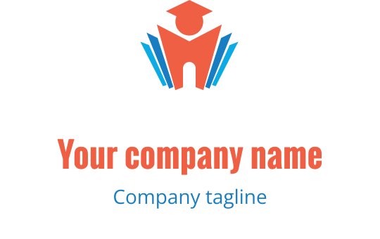 Creatief logo ontwerp met een rode afstudeerhoed boven een blauwe en rode structuur