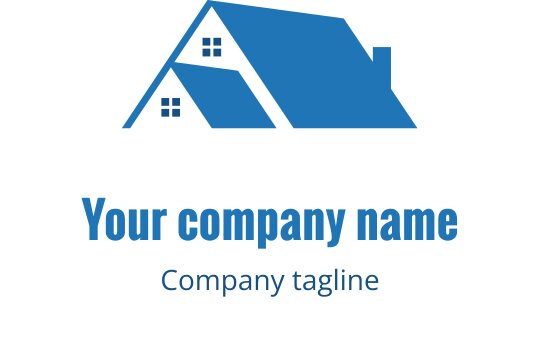 Modern blauw huis logo ontwerp met een driehoekig dak en ramen