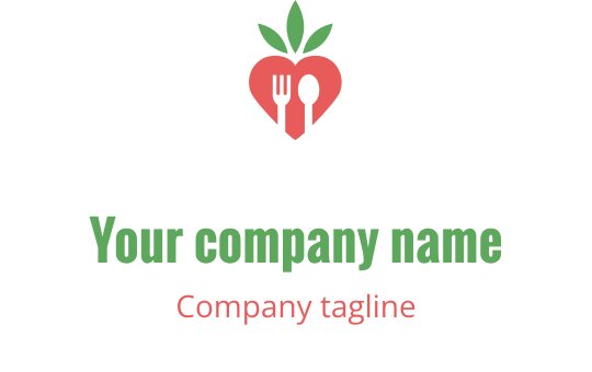 Hartvormig logo ontwerp met een vork en lepel met groene bladeren