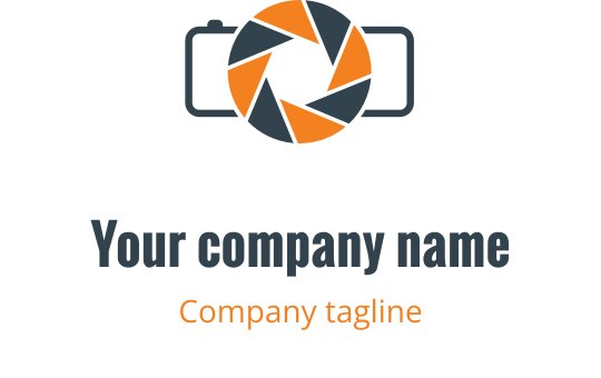 Minimalistisch logo ontwerp met een groene en oranje cameraomtrek