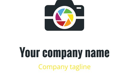 Minimalistisch camera logo ontwerp met rode, paarse, blauwe en gouden elementen