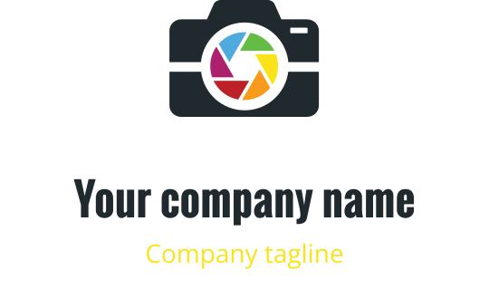 Minimalistisch camera logo ontwerp met rode, paarse, blauwe en gouden elementen