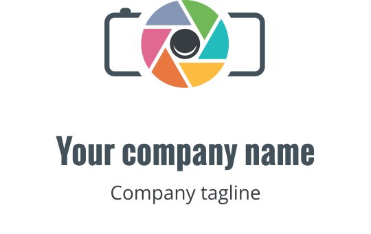 Minimalistisch camera logo ontwerp in goud, koraal, roze en cyaan