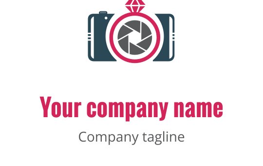 Creatief logo ontwerp met een teal camera, rode accenten en grijze details