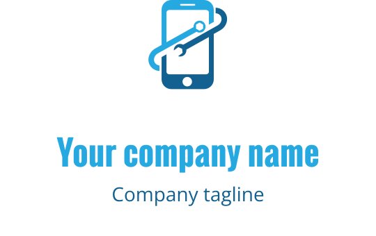 Teal en blauwe logo ontwerp met een gestileerd mobiel apparaat en gereedschap