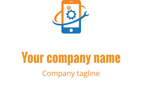 Teal en oranje logo ontwerp met een gestileerd mobiel apparaat en gereedschap