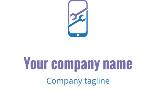Teal en blauwe logo ontwerp met een gestileerd mobiel apparaat en gereedschap