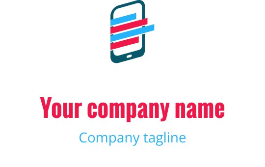 Modern logo ontwerp met een gepixeld mobiel apparaat in teal, blauw en rood