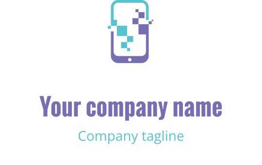 Modern logo ontwerp voor smartphone met gepixelde elementen in paars en teal