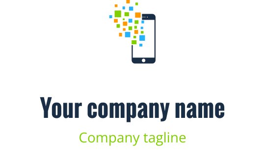 Modern logo ontwerp met een smartphone en kleurrijke pixelelementen