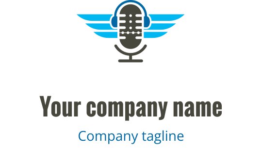 Modern logo ontwerp van een microfoon met blauwe vleugels en vetgedrukte tekst