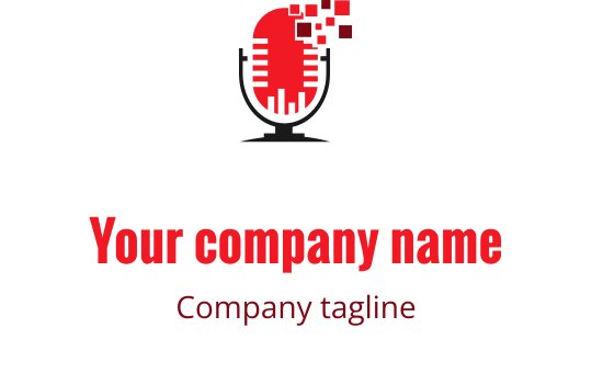 Modern logo ontwerp van een microfoon met pixelachtige rode accenten