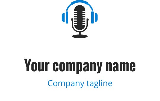 Modern logo ontwerp van een microfoon met blauwe koptelefoon en vetgedrukte tekst