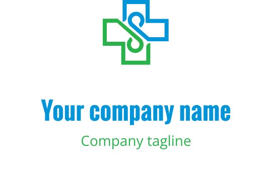 Modern logo ontwerp met een groene en blauwe kruis en verweven elementen