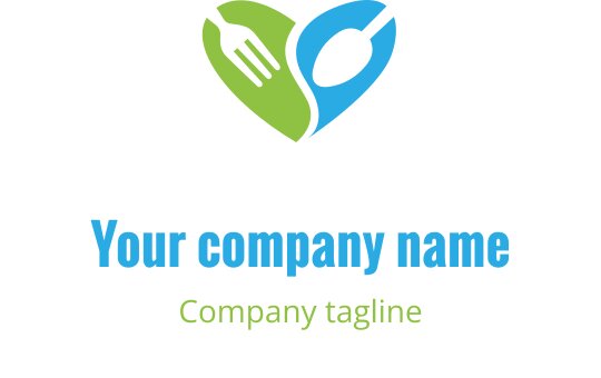 Hartvormig logo ontwerp met een vork en lepel in groen en blauw