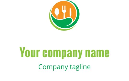 Kleurrijk logo ontwerp met keukengerei in een cirkelvormig groen en oranje motief