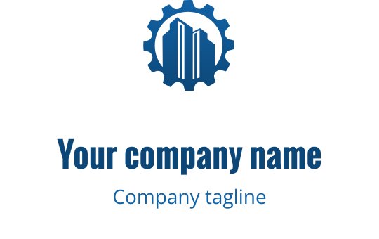 Modern logo ontwerp met een tandwiel en gebouw silhouet in blauw