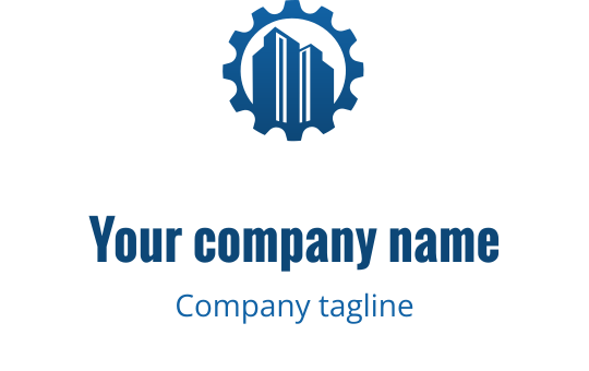 Modern logo ontwerp met een tandwiel en gebouw silhouet in blauw