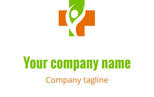 Modern logo ontwerp met een groene en oranje kruis en een dynamische figuur